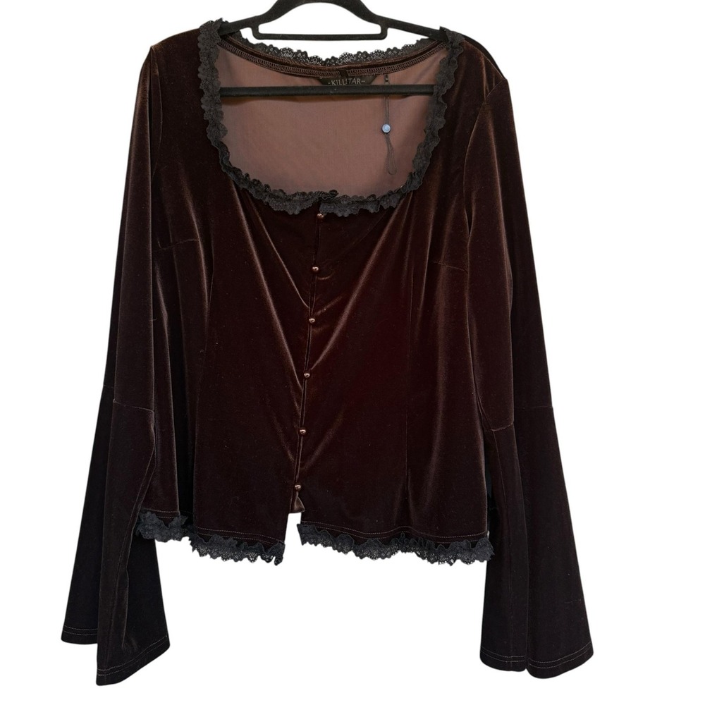 Killstar Shirt Womens 4XL Brown Velvet Lace Bell Sleeve Button Front Top Gothic